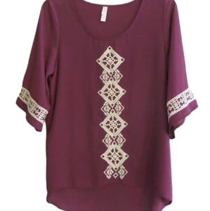 Xhilaration boho Aztec purple peasant blouse S scoop hem chiffon sheer